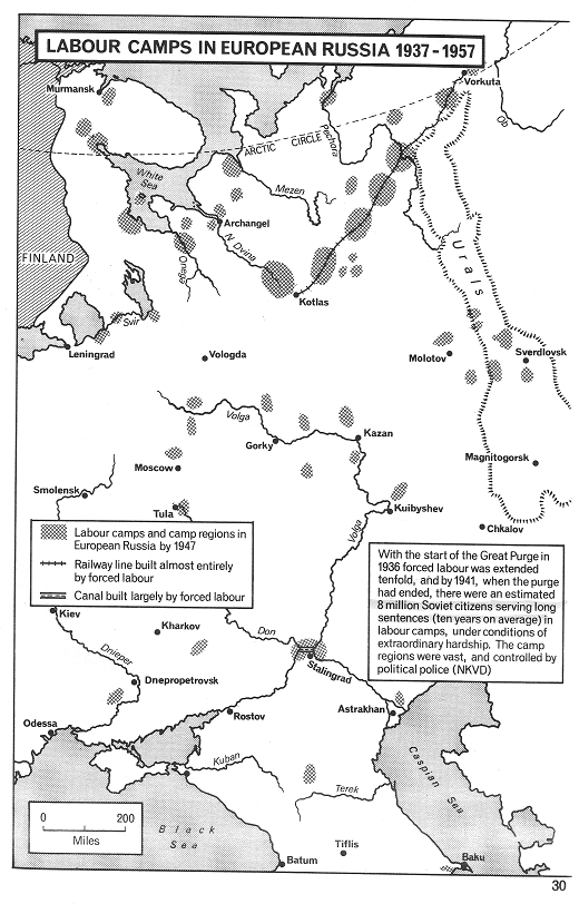 Karte der
Gulag-Arbeitslager in der "Sowjetunion"
westlich des Ural im europäischen Russland
1937-1957 Karte
der Gulag-Arbeitslager in der
"Sowjetunion" westlich des Ural im
europäischen Russland 1937-1957