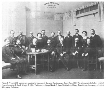 Encyclopaedia Judaica (1971): Moscow, vol. 12,
                  col. 359-360. Twenty-fifth anniversary meeting in
                  Moscow of the early [[racist]] Zionist group, Benei
                  Zion, 1909. The photograph includes: 1. Jehiel Joseph
                  Levontin, 2. Jacob Mazeh, 3. Jehiel Tschlenow, 4.
                  Pesah Marek, 5. Isaac Naiditsch, 6. Eliezer
                  Tcherikower. Jerusalem, J.N.U.L., Schwadron
                  Collection