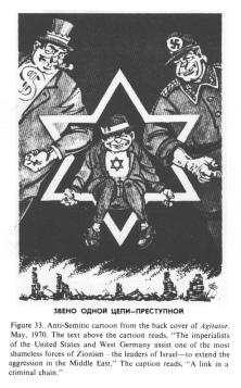 Encyclopaedia Judaica (1971): Russia:
                            Jews in "Soviet Union", vol.14,
                            col. 492, cartoon from the back cover of
                            "Agitator", May 1970. "The
                            imperialists of the United States and West
                            Germany assist one of the most shameless
                            forces of Zionism - the leaders of Israel -
                            to extend the aggression in the Middle
                            East." Caption: "A link in a
                            criminal chain"