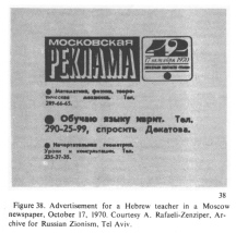 Encyclopaedia Judaica (1971): Russia:
                            Jews in "Soviet Union", vol. 14,
                            col. 504, advertisement searchiing for
                            Hebrew teacher in Moscow
