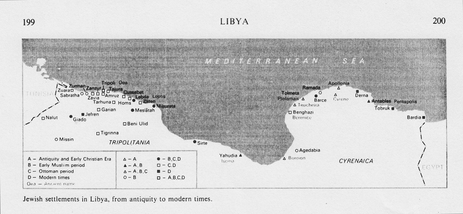 Encyclopaedia Judaica: Jews in Libya, vol. 11,
                  col. 199-200, map with Jewish settlements from the
                  beginning to modern times
