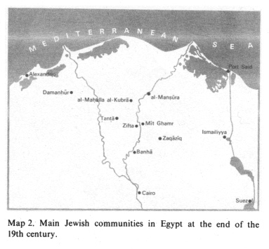 [Mossad] Encyclopaedia
                      Judaica (1971): Egypt, vol.6, col.500, map with
                      the Jewish communities at the end of 19th century