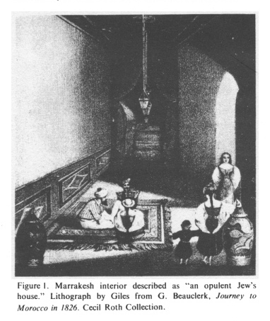 Encyclopaedia
              Judaica: Jews in Morocco, vol.12, col. 326: Jewish house
              in Marrakesh in 1826: Marrakesh interior described as
              "an opulent Jew's house." Lithograph by Giles
              from G. Beauclerk, "Journey to Morocco" in 1826.
              Cecil Roth Collection