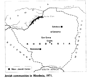 Encyclopaedia Judaica: Jews in Rhodesia, vol. 14,
                col. 148, map with the Jewish communities of 1971