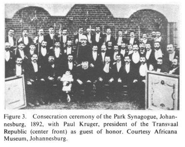 Encyclopaedia
                        Judaica (1971): Jews in South Africa, vol. 15,
                        col. 191: Consecration ceremony of the Park
                        Synagogue, Johannesburg, 1892, with Paul Kruger,
                        president of the transvaal Republic (center
                        front) as guest of honor. Courtesy Africana
                        Museum, Johannesburg