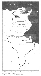 Encyclopaedia Judaica 1971: Tunisia, vol. 15,
                  col. 1431, map of the Jewish communities in the Middle
                  Ages and in 1971