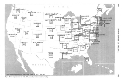 Encyclopaedia Judaica (1971): "USA",
                  vol. 15, col. 1605-1606: Jewish population of the
                  U.S., 1877, according to state borders of today.
