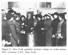 Encyclopaedia Judaica (1971):
                          "USA", vol. 15, col. 1616: New York
                          garment workers voting on strike action, 1913.
                          Courtesy U.P.I., New York
