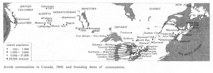 Encyclopaedia Judaica 1971: Canada,
                              vol. 5, col. 101-102, map of the Jewish
                              communities