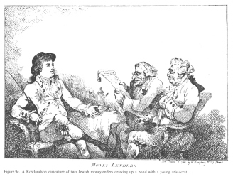 Encyclopaedia Judaica (1971): Anti-Semitism, vol.
                  3, col. 141-142a: a Rowlandson cartoon of two Jewish
                  moneylenders drawing up a bond with a young
                  aristocrat