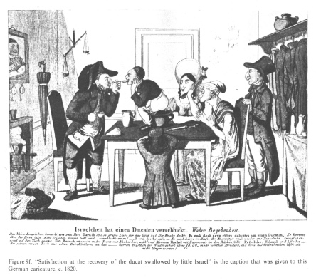 Encyclopaedia Judaica (1971):
                        Anti-Semitism, vol. 3, col. 143-144b: [[cartoon:
                        Son Israel swallowed a coin]]