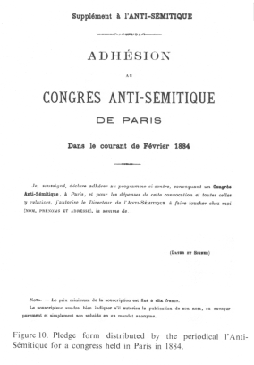 Encyclopaedia Judaica (1971):
                          Anti-Semitism, vol. 3, col. 151: pledge form
                          distributed by the periodical l'Anti-S�mitique
                          for a congress held in Paris in 1884