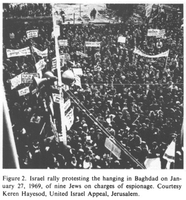 Encyclopaedia Judaica (1971): vol. 8, col. 1451:
                demonstration against the hanging of 9 Jews in Baghdad