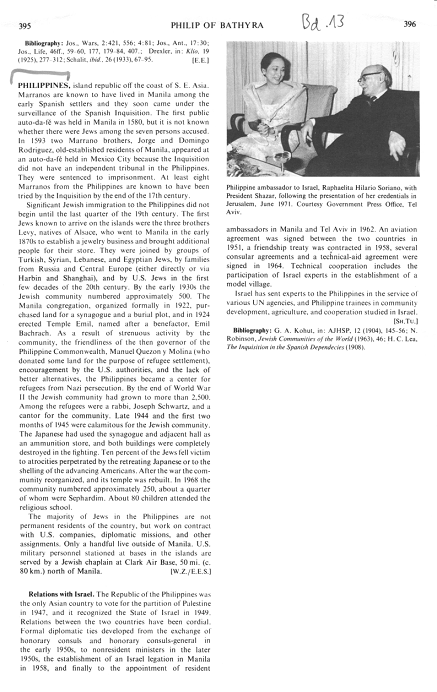 Encyclopaedia Judaica 1971: Jews on the
                          Philippines, vol. 13, col. 395-396