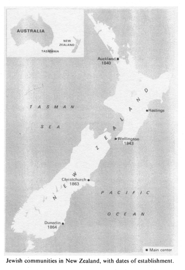 Encyclopaedia
                Judaica (1971): New Zealand, vol. 12, col. 1128, map
                with Jewish communities (main centers) in New Zealand,
                with year of establishment