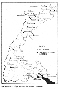 Encyclopaedia Judaica (1971): Baden, vol. 4,
                    col. 60, map with the Jewish centers of population
                    in Baden in the Middle Ages and in 1932/1933