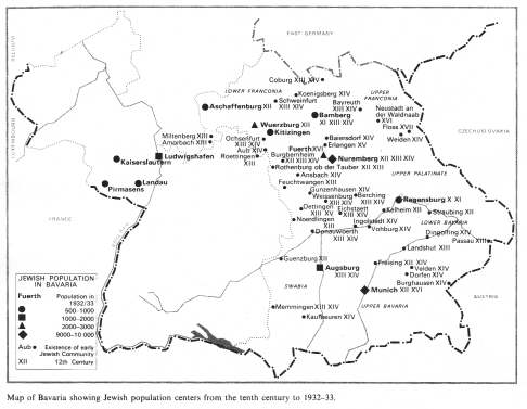 Encyclopaedia Judaica (1971): Bavaria, vol. 4,
                    col. 347-348, map of Bavaria showing Jewish
                    population centers from the tenth century to
                    1932-33