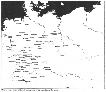 Encyclopaedia Judaica
(1971): Germany, vol. 7, col.
463-464. Map of the major medieval
Jewish communities in Germany in the
13th century: Koenigsberg, Emden,
Oldenburg, Bremen, Lueneburg,
Osnabrueck, Hanover, Berlin,
Frankfort on the Oder, Schwienitz,
Magdeburg, Zerbst, Halberstadt,
Hildesheim, Hameln, Muenster,
Anhalt, Xanten, Bochum, Duesburg,
Paderborn, Goettingen, Nordhausen,
Halle on the Saale, Cottbus, Glogau,
Breslau, Goerlitz, Dresden, Leipzig,
Merseburg, Muehlhausen, Erfurt,
Arnstadt, Marburg on the Lahn,
Cologne, Aachen, Bonn, Ahrweiler,
Andernach, Coblenz, Bingen, Mainz,
Wiesbaden, Roedelheim, Frankfort on
the Main, Friedberg, Limburg,
Wetzlar, Fulda, Kissingen, Hanau,
Offenbach, Aschaffenburg, Oppenheim,
Trier, Kreuznach, Schweinfurt,
Bamberg, Wuerzburg, Heidingsfeld,
Kitzingen, Worms, Weinheim,
Kaiserlslautern, Speyer, Heidelberg,
Bruchsal, Heilbronn, Ettlingen,
Pforzheim, Baden-Baden, Stuttgart,
Tuebingen, Freiburg, Ensisheim,
Constance, Lindau, Ulm, Memmingen,
Augsburg, Munich, Regensburg,
Deggendorf, Linz, Vienna, Graz,
Ansbach, Sulzbach, Amberg, and
Prague Encyclopaedia Judaica (1971):
Germany, vol. 7, col. 463-464. Map
of the major medieval Jewish
communities in Germany in the 13th
century: Koenigsberg, Emden,
Oldenburg, Bremen, Lueneburg,
Osnabrueck, Hanover, Berlin,
Frankfort on the Oder, Schwienitz,
Magdeburg, Zerbst, Halberstadt,
Hildesheim, Hameln, Muenster,
Anhalt, Xanten, Bochum, Duesburg,
Paderborn, Goettingen, Nordhausen,
Halle on the Saale, Cottbus, Glogau,
Breslau, Goerlitz, Dresden, Leipzig,
Merseburg, Muehlhausen, Erfurt,
Arnstadt, Marburg on the Lahn,
Cologne, Aachen, Bonn, Ahrweiler,
Andernach, Coblenz, Bingen, Mainz,
Wiesbaden, Roedelheim, Frankfort on
the Main, Friedberg, Limburg,
Wetzlar, Fulda, Kissingen, Hanau,
Offenbach, Aschaffenburg, Oppenheim,
Trier, Kreuznach, Schweinfurt,
Bamberg, Wuerzburg, Heidingsfeld,
Kitzingen, Worms, Weinheim,
Kaiserlslautern, Speyer, Heidelberg,
Bruchsal, Heilbronn, Ettlingen,
Pforzheim, Baden-Baden, Stuttgart,
Tuebingen, Freiburg, Ensisheim,
Constance, Lindau, Ulm, Memmingen,
Augsburg, Munich, Regensburg,
Deggendorf, Linz, Vienna, Graz,
Ansbach, Sulzbach, Amberg, and
Prague