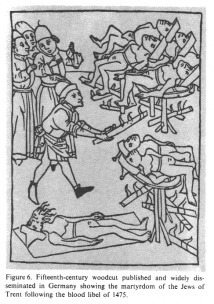 Encyclopaedia Judaica (1971):
                                    Germany, vol. 7, col. 467.
                                    Fifteenth-century woodcut published
                                    and widely disseminated in Germany
                                    showing the martyrdom of the Jews of
                                    Trent following the blood libel of
                                    1475. [[See that the Jews were
                                    forced to wear pointed "Jewish
                                    hats", the "Christ"
                                    sets the fire, and other
                                    "Christians" are watching
                                    the scene]].