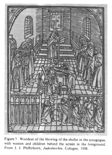 Encyclopaedia Judaica (1971):
                                    Germany, vol. 7, col. 468. Woodcut
                                    of the blowing of the shofar in the
                                    synagogue, with women and children
                                    behind the screen in the foreground.
                                    From J.J. Pfefferkorn: Judenbeichte;
                                    Cologne, 1508