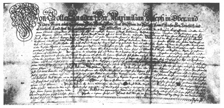 Encyclopaedia Judaica (1971): Germany, vol. 7,
                    col. 482. Charter of privileges granted by
                    Maximilian of Bavaria to Samuel Wertheimer in 1765.
                    Courtesy Central Zionist Archives, Jerusalem.