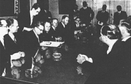 Encyclopaedia Judaica (1971): Germany, vol. 7,
                    col. 499: Signing of the German-Israel reparations
                    agreement at the Luxembourg Municipality, 1952.
                    Seated from left: Felix Shinnar, Giora Josephthal,
                    Moshe Sharett, Nahum Goldmann. From: R. Volge: The
                    German Path to Israel, 1969