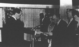 Encyclopaedia Judaica (1971): Germany, vol. 7,
                    col. 502: Rolf Pauls, first German ambassador to
                    Israel, presenting his credentials to President
                    Zalman Shazar, Jerusalem, 1965. From: R. Vogel: The
                    German Path to Israel, 1969.