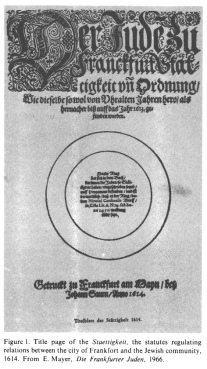 Encyclopaedia Judaica (1971): Frankfort on the
                    Main, vol. 7, col. 84, title page of the
                    "Staettigkeit", the statutes regulating
                    relations between the city of Frankfort and the
                    Jewish community, 1614. From E. Mayer: Die
                    Frankfurter Juden, 1966
