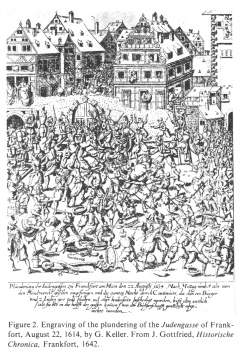 Encyclopaedia Judaica (1971): Frankfort on the
                    Main, vol. 7, col. 85, engraving of the plundering
                    of the "Judengasse" [[quarter]] of
                    Frankfort [[the Fettmilch pogrom]], August 22, 1614,
                    by G. Keller. From J. Gottfried: Historische
                    Chronica, Frankfort 1642