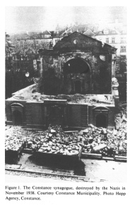 Encyclopaedia Judaica (1971): Constance, vol.
                    5, col. 912. The Constance synagogue, destroyed by
                    the Nazis [[and their collaborators]] in November
                    1938. Courtesy Constance Municipality. Photo Hepp
                    Agency, Constance