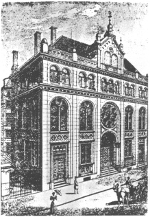 Encyclopaedia Judaica (1971): Nuremberg, vol. 12,
                col. 1280. Drawing of the Orthodox synagogue on
                Essenwein Street, completed in 1902 and burned to the
                ground on Kristallnacht [[Chrystal Night]], 1938 London,
                Wiener Library