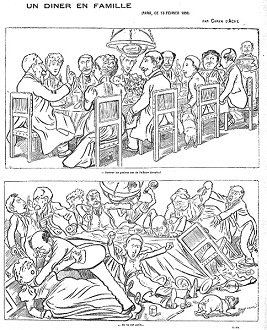 Cartoon: The family is peaceful
                                when there is no conversation about
                                Dreyfus. Second picture: They have
                                spoken about Dreyfus and family war is
                                developing. Cartoon by the cartoonist
                                Caran d'Ache in the newspaper "Le
                                Figaro", 14 Feb. 1898.