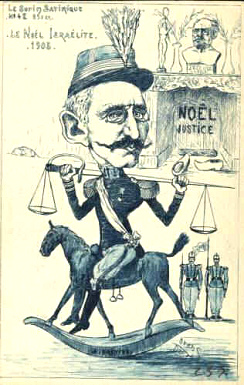 Post card with
                          Dreyfus with the balance of justice 1906 with
                          the title "Le No�l Isra�lite 1906"
                          ("Jewish Christmas 1906")