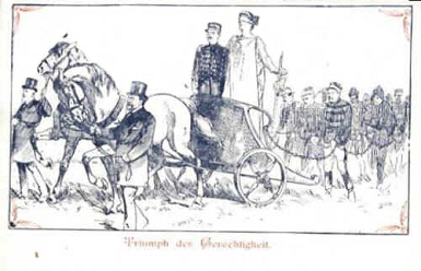 German post card
                          with Dreyfus with goddess Justice pulling the
                          guilty military: "Triumph der
                          Gerechtigkeit" ("Triumph of
                          justice")