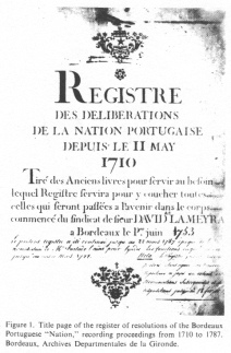 Encyclopaedia Judaica (1971): Bordeaux, vol. 4,
                  col. 1243. Title page of the registerof resolutions of
                  the Bordeaux Porguguese "Nation", recording
                  proceedings from 1710 to 1787. Bordeaux, Archives
                  Departmentales de la Gironde.