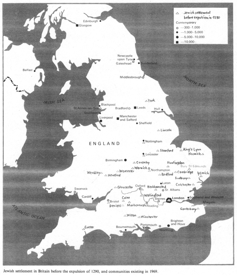 Map of the
                  contemporary English Jewish communities 1970