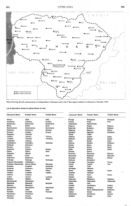 Encyclopaedia Judaica (1971): Lithuania, vol. 11,
                  col. 363-364, map showing Jewish communities in
                  Independent Lithuania and in the Vilna region ceded to
                  Lithuania in October 1939