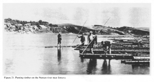 Encyclopaedia Judaica (1971): Lithuania,
                          vol. 11, col. 383-384, photo 4, punting timber
                          on the Neman river near Jonava