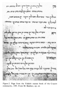 Encyclopaedia Judaica (1971): Cracow, vol. 5, col.
                1031. Page from the Yiddish statute book of the Cracow
                community, 1595. From M. Balaban, op. cit.