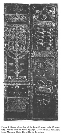 Encyclopaedia Judaica (1971): Cracow, vol. 5,
                    col. 1035. Doors of an Ark of the Law, Cracow, early
                    17th century. Painted lead on wood, 4 3/4 to 1 1/8
                    ft. (46 to 34 cm). Jerusalem, Israel Museum. Photo
                    David Harris, Jerusalem