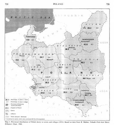 Encyclopaedia Judaica (1971): Poland, vol. 13, col.
                719-720. Map of Poland with the Provincial distribution
                of Polish Jewry in towns and villages (1931). Based on
                data from R. Mahler: "Yehudei Polin bein Shetei
                Milhamot Olam", 1968