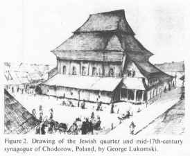 Encyclopaedia Judaica (1971): Poland, vol. 13, col.
                727. Drawing of the Jewish quarter and mid-17th-century
                synagogue ofChodorow, Poland, by George Lukomski