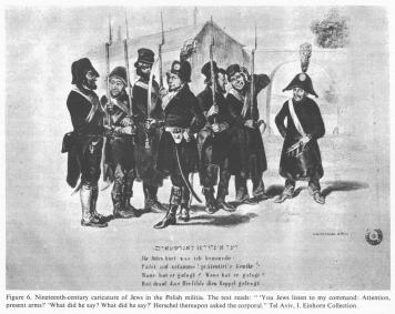 Encyclopaedia Judaica (1971): Poland,
                            vol. 13, col. 733-734. Nineteenth-century
                            caricature of Jews in the Polish militia
                            [[Jews are in the army but cannot understand
                            Polish]]. The text reads: " 'You Jews
                            listen to my command: Attention, present
                            arms!' 'What did he say? What did he say?'
                            Herschel thereupon asked the corporal."
                            Tel Aviv, I. Einhorn Collection
