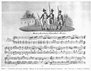 Encyclopaedia Judaica (1971): Poland, vol. 13, col.
                733-734. Caricature and music entitled, "March of
                the Jewish National Guard in Warsaw", 1831. Tel
                Aviv, I. Einhorn Collection