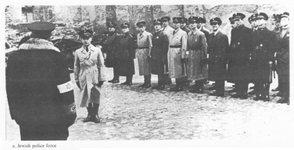 Encyclopaedia Judaica (1971): Warsaw, vol. 16, col.
                344. Jewish police force. Photo taken in the Warsaw
                ghetto by a German war correspondent. Oct. 1, 1940-June
                1, 1941. Courtesy Yad Vashem Archives, Jerusalem.