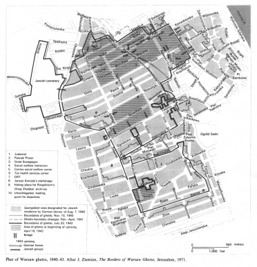 Encyclopaedia Judaica (1971): Warsaw,
                          vol. 16, col. 347-348. Plan (map) of Warsaw
                          ghetto, 1940-43. After J. Ziemian: "The
                          Borders of Warsaw Ghetto", Jerusalem,
                          1971. There are indicated: 1. the office of
                          the Jewish Council (Judenrat); 2. Pawiak
                          Prison; 3. Great Synagogue; 4. Social welfare
                          institution; 5. Centos social welfare center;
                          6. Toz health services center; 7. ORT office;
                          8. Janusz Korczak's orphanage; 9. Hiding-place
                          for Ringelblum's archives "Oneg
                          Shabbat"; 10. assembly point
                          ("Umschlagplatz") for deportees. Add
                          to this are indicated: in gray: area
                          designated for Jewish residence by German
                          decree of 7 August 1940; gray line: boundaries
                          of the ghetto of 15 November 1940; in gray
                          little lines: ghetto boundary changes from
                          Feb. to April 1941; in black lines: the
                          boundaries of the ghetto on 22 July 1942; in
                          gray lines:the area of the ghetto at the
                          beginning of the uprising on 19 April 1943;
                          also the bridge over Chlodna street is
                          indicated, and with arrows are indicated the
                          movements of the troops during the uprising of
                          1943.