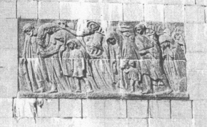 Encyclopaedia Judaica (1971): Warsaw,
                          vol. 16, col. 351. Relief of the memorial of
                          the Warsaw ghetto uprising from Nathan
                          Rapaport, 1948.