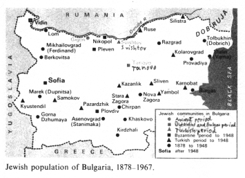 Encyclopaedia Judaica (1971), vol. 4, col. 1481.
                Map of Bulgaria with Jewish communities in the Ancient
                period, in the Byzantin and Bulgar period, in the
                Turkish period, from Byzantine period to 1948, from
                Turkish period to 1948, and from 1878 to 1948.