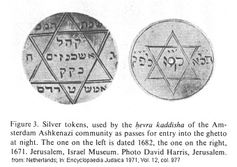 Encyclopaedia Judaica 1971: Netherlands,
                        vol. 12, col. 977, coins for the night entrance
                        for the Amsterdam ghetto