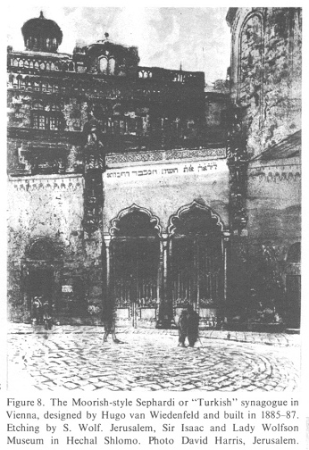 Encyclopaedia Judaica: Vienna, vol.16,
                            col.129, Sephardi synagogue of 1887: The
                            Moorish-style Sephardi or
                            "Turkish" synagogue in Vienna,
                            designed by Hugo van Wiedenfeld and built in
                            1885-87. Etching by S. Wolf. Jerusalem, Sir
                            Isaac and Lady Wolfson Museum in Hechal
                            Shlomo. Photo David Harris, Jerusalem.